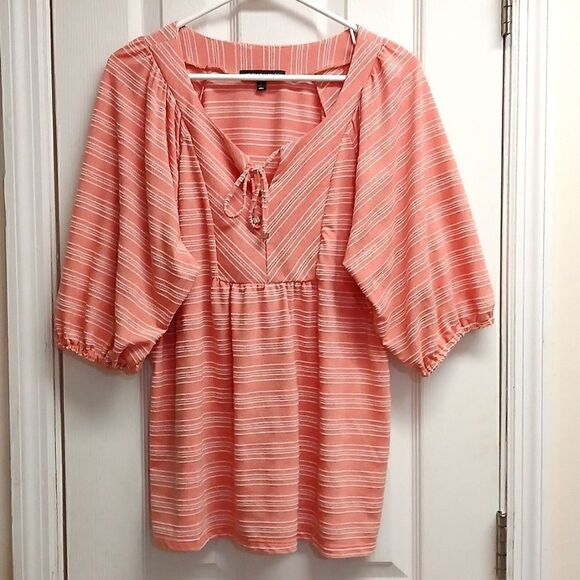 ⭐️5/$25 SALE Adrienne Vittadini Smock Topped, Drawstring Blouse, Melon/White XL - Picture 1 of 9
